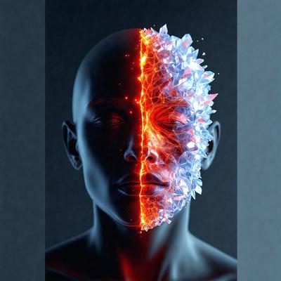 The primary subject of the image is a close-up of a person's head, with a split image of a face on the left and a fire on the right. The setting is a dark background, and the visual style is a digital art or illustration. The dominant colors are red and blue, with the red representing the fire and the blue representing the face. The overall atmosphere is dramatic and intense.